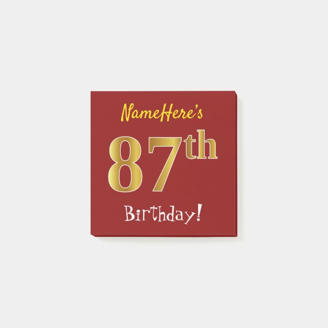 Post-it® Rouge, Faux Gold 87e anniversaire, avec nom person (Devant)
