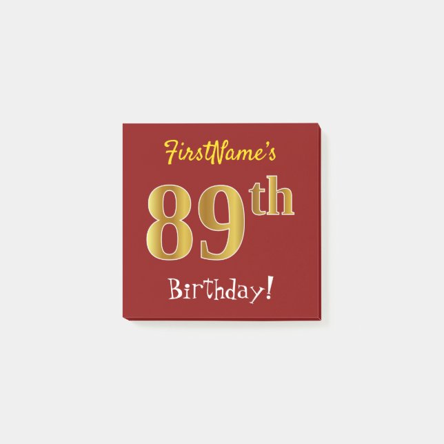 Post-it® Rouge, Faux Gold 89e Anniversaire, Avec Nom Person (Devant)