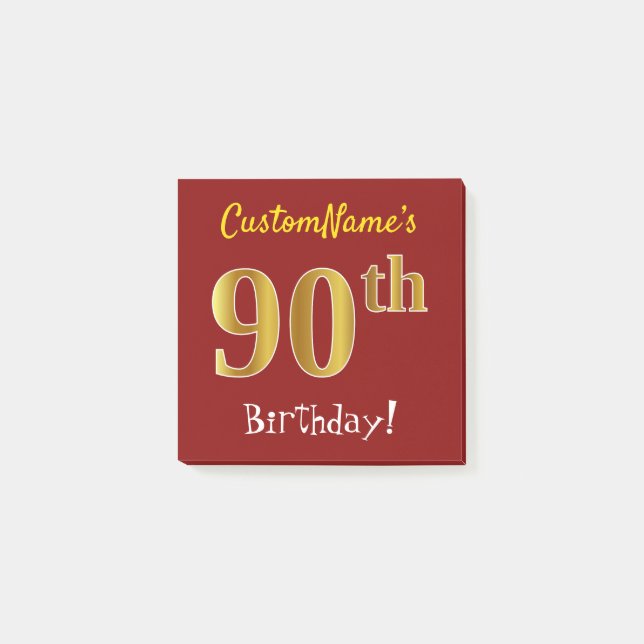 Post-it® Rouge, Faux Gold 90e Anniversaire, Avec Nom Person (Devant)