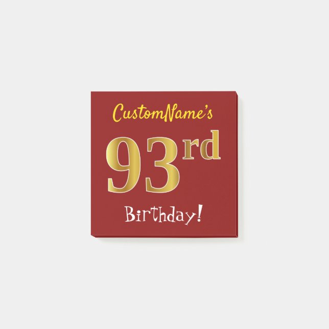 Post-it® Rouge, Faux Gold 93ème Anniversaire, Avec Nom Pers (Devant)