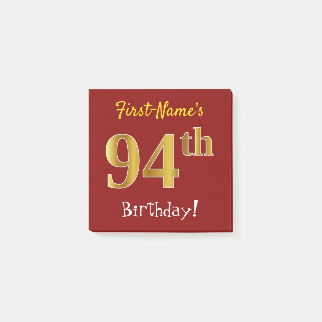 Post-it® Rouge, Faux Gold 94ème Anniversaire, Avec Nom Pers (Devant)
