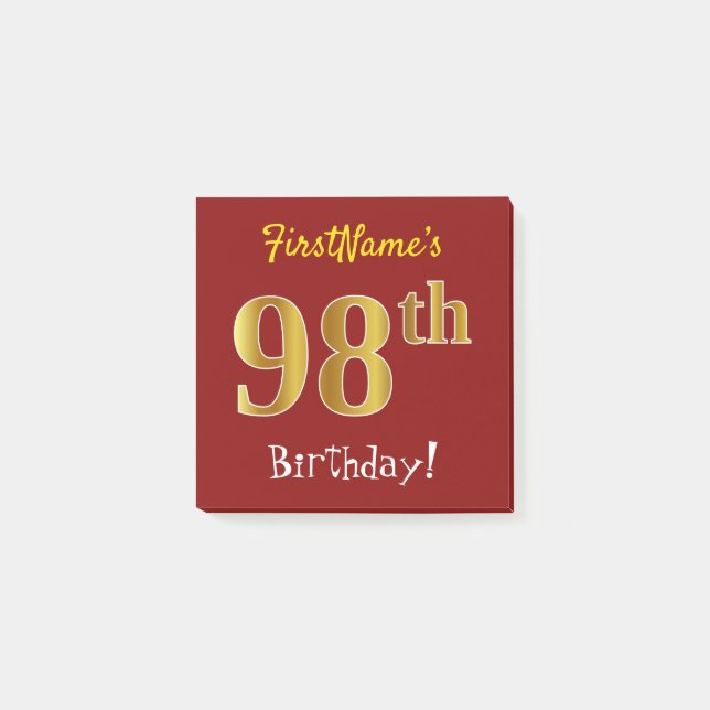 Post-it® Rouge, Faux Gold 98ème Anniversaire, Avec Nom Pers (Devant)