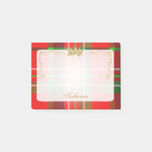 Post-it® Rouge, Vert Tartan de Noël & Étoiles Personnalisé (Devant)