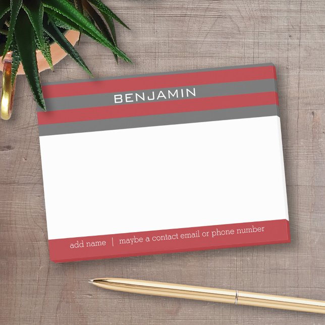 Post-it® Rugby rouge et gris avec nom personnalisé (Personalized Post-It Notes - add name or other text)