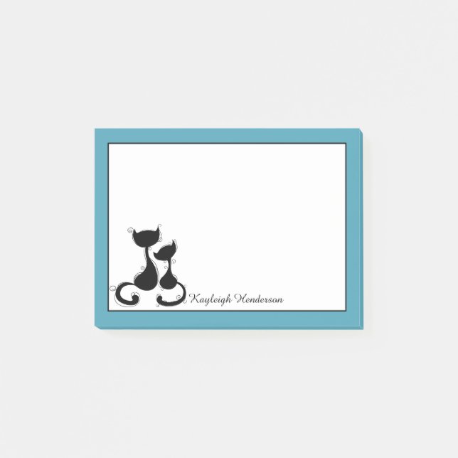 Post-it® Silhouette blanche bleue turquoise de chats noirs (Devant)
