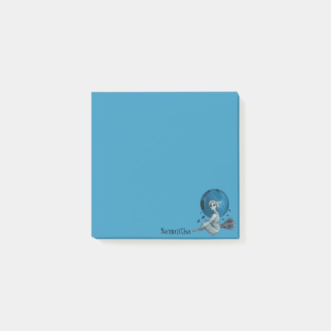 Post-it® Sorcière éffrayante sur Bleu Broomstick (Devant)