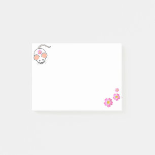 Post-it® Souris blanc et fleurs roses sur blanc