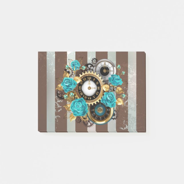 Post-it® Steampunk Clock and Turquoise Roses on Striped (Devant)