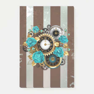 Post-it® Steampunk Clock and Turquoise Roses on Striped