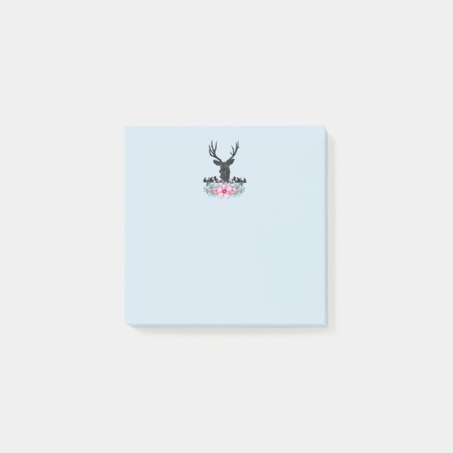 Post-it® Tête de cerf noir avec Fleurs et Montagnes roses (Devant)
