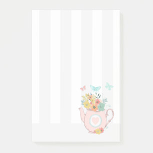 Post-it® Théière rose avec fleurs et papillons