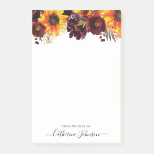 Post-it® Tournesol moderne Bourgogne Rose Aquarelle Florale