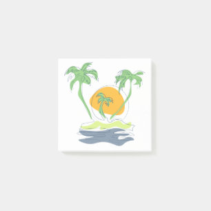 Post-it® Tropical island beach scenery. Outline palm tree