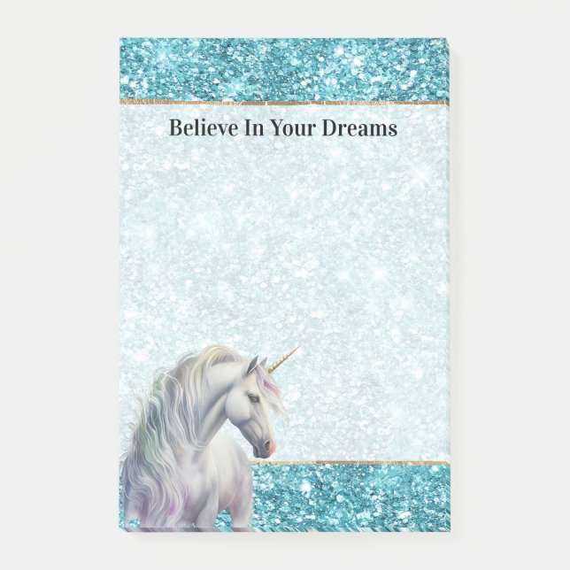 Post-it® Turquoise Aqua Glitz Glitter Unicorn (Devant)