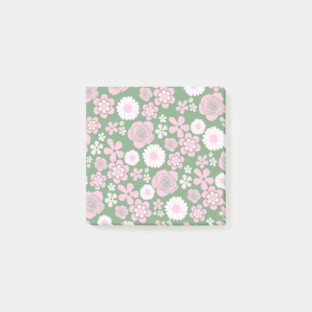 Post-it® Vert rose blanc rétro Y2K les années 70 Fleur Moti (Devant)
