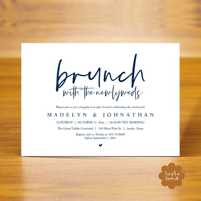 Post Wedding Brunch mit der Neuauflage Einladung (Brunch with the Newlyweds Post Modern Morning Wedding Celebration Invitation Card PDF Navy Blue)