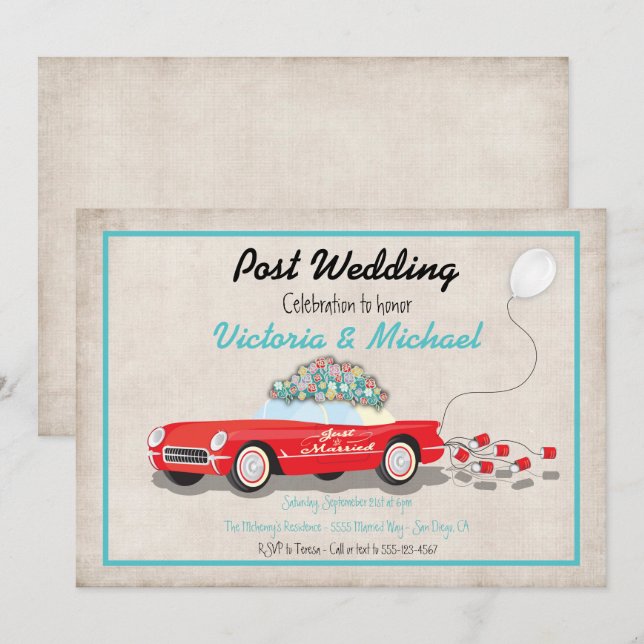 Post Wedding Retro Car nur verheiratet Einladung (Vorne/Hinten)