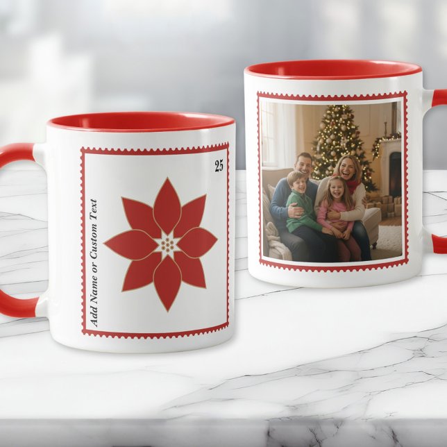 Postage Stamp Red Poinsettia Holiday Photo Mug (A festive red poinsettia custom postage stamp mug personalized with your text and photo)