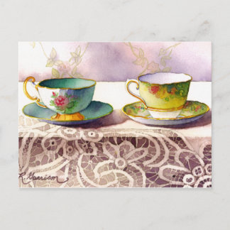 Postale 0001 Tasses à thé sur dentelle Carte de vœux
