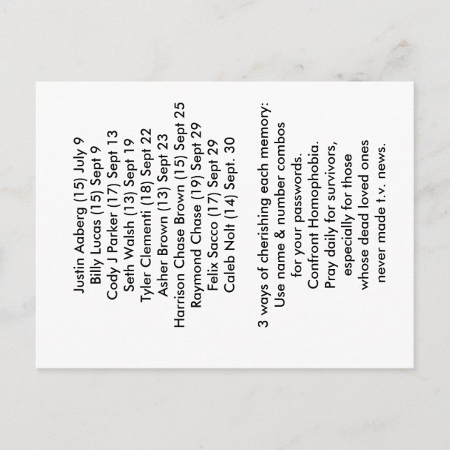 Postale 10 morts connus  Carte de prévention de l'intimida (Devant)