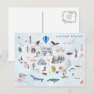 Postale Amérique Carte illustrée aquarelle des États-Uni
