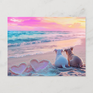 Postale Amour de chien sur la plage, carte coeurs