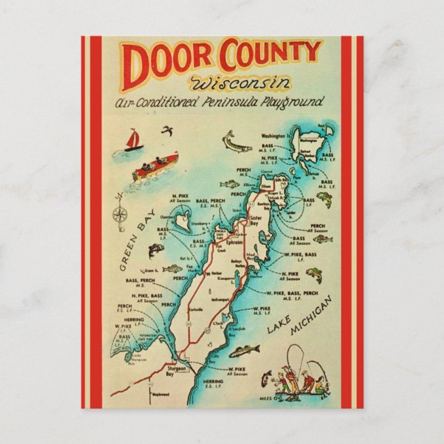 Postale Ancienne carte de pêche du comté de Door  (Devant)