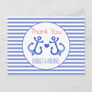 Postale Ancre Naúticale Rayée Navy   Carte de remerciement