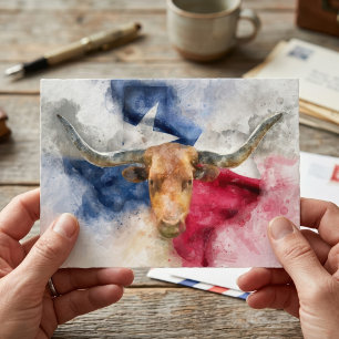 Postale Aquarelle Longhorn du Texas avec carte du drapeau 