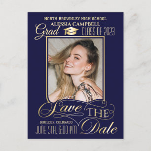 Postale Bleu élégant Enregistrer la date Graduation Carte 