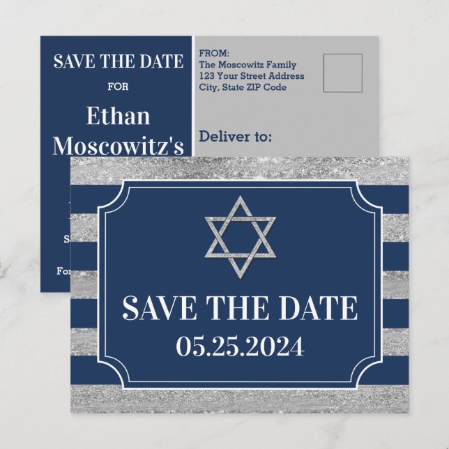 Postale Blue, Grey Bar Mitzvah Enregistrer la date Carte p (Devant / Derrière)