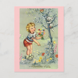 Postale Bonne Fete, Carte Française, Enfant avec fleurs