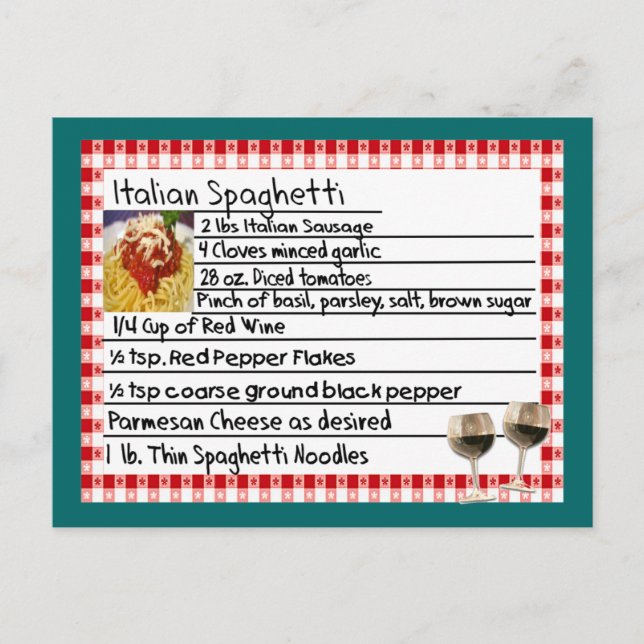Postale Cadeaux de carte de recettes italiennes "Spaghetti (Devant)