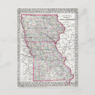 Postale Carte antique de l'Iowa & Missouri vers 1874