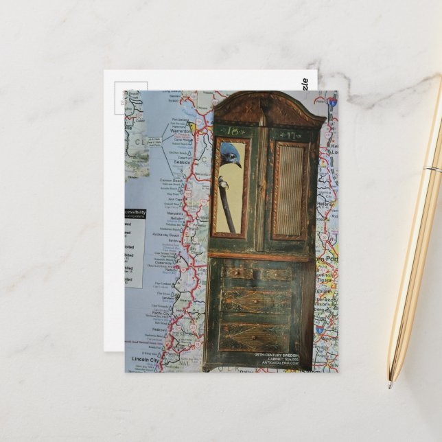 Postale Carte avec oiseau dans un collage de commode (Devant/Arrière en situation)
