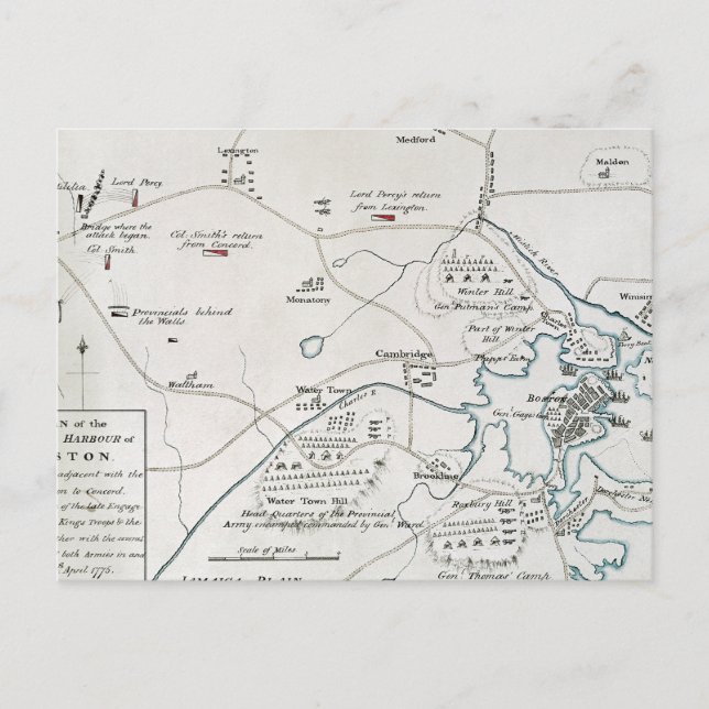 POSTALE CARTE BOSTON-CONCORD, 1775 (Devant)