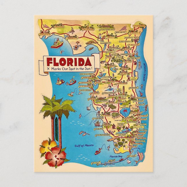 Postale Carte colorée de Floride Vintage (Devant)