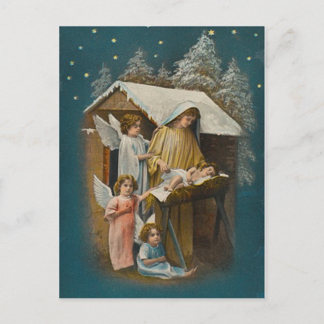 Postale Carte colorée de la scène de la nativité vintage (Devant)