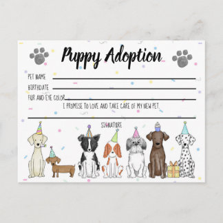 Postale Carte d'adoption de chiot en peluche pour cadeau d
