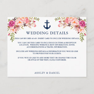 Postale Carte d'Ancre marine rose Floral Mariage Détails