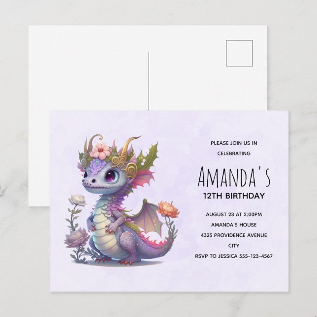 Postale Carte d'anniversaire de dragon mignon avec couronn (Devant / Derrière)