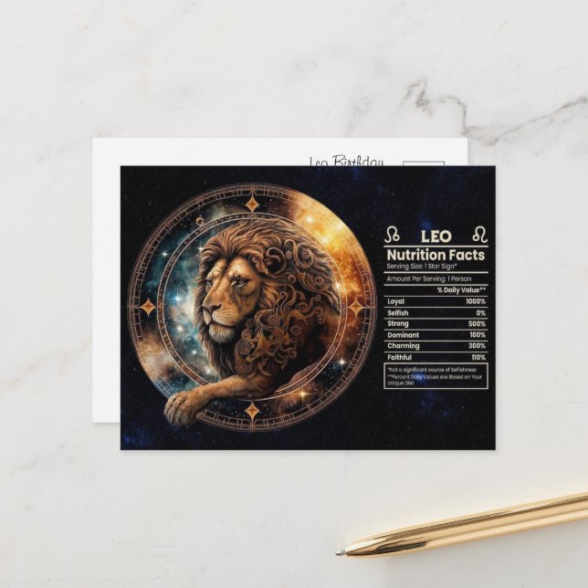 Postale Carte d'anniversaire du signe du zodiaque Lion (Devant/Arrière en situation)