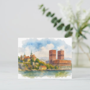 Postale Carte d'art aquarelle d'Oslo Norvège, paysage urba