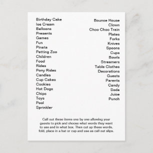 Postale Carte de Bingo Anniversaire Appeler les mots