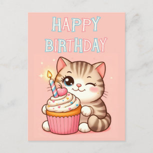 Postale Carte de bonne anniversaire chat gâteau