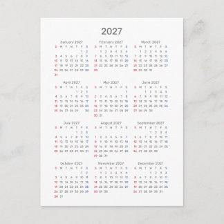 Postale Carte de calendrier 2027 : début dimanche, noir et