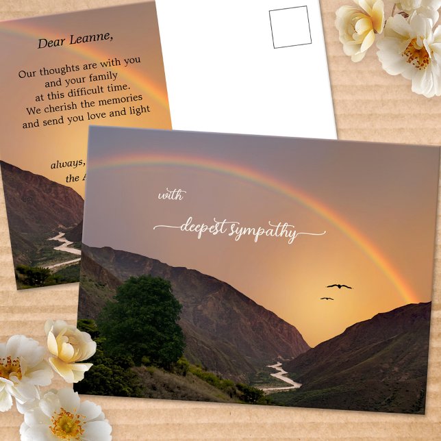 Postale Carte de condoléances Arc-en-ciel de sympathie pro (Sympathy postcard featuring a mountain scene with a river flowing into the ocean, with a rainbow)
