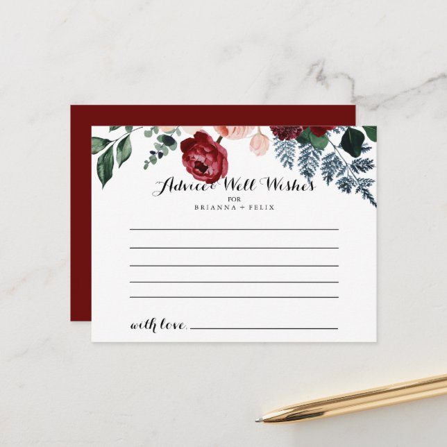 Postale Carte de conseils de mariage floral rose Bourgogne (Devant/Arrière en situation)