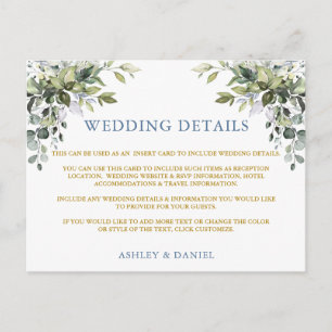 Postale Carte de détails du Mariage vert Dusty Blue Gold
