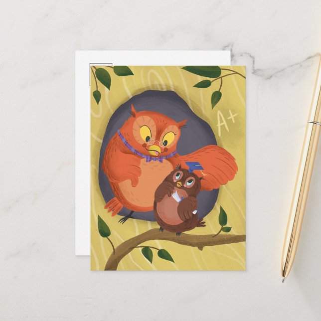 Postale Carte de fin d'études de la chouette sage (Devant/Arrière en situation)